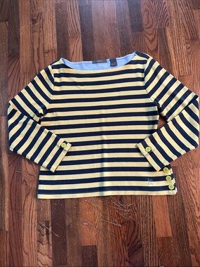 Liz Claiborne Navy and Yellow Striped Long Sleeve Top with Button Accents